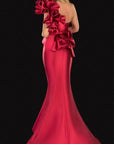 Terani Couture Crimson Red Mermaid Gown Size 12 One Shoulder Ruffle Peplum