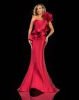 Terani Couture Crimson Red Mermaid Gown Size 12 One Shoulder Ruffle Peplum