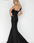 Terani Couture Black Jacquard One Shoulder Mermaid Gown Size 10 Ruffle Train