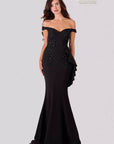 Terani Couture Black Beaded Off Shoulder Mermaid Evening Gown Size 6