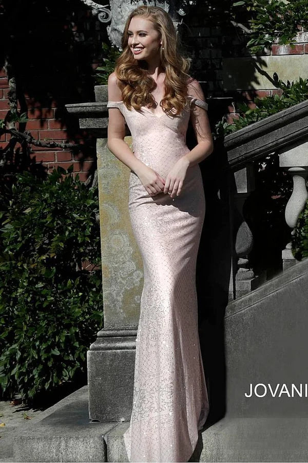 Jovani JVN60139 Blush Off-the-Shoulder Fitted Prom Dress