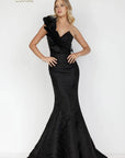 Terani Couture Black Jacquard One Shoulder Mermaid Gown Size 10 Ruffle Train
